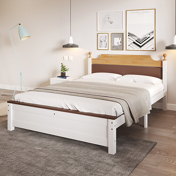 Lit double 140x200 cm - Lit avec tête et pied de lit - Pin   MDF - Sans matelas - Blanc
