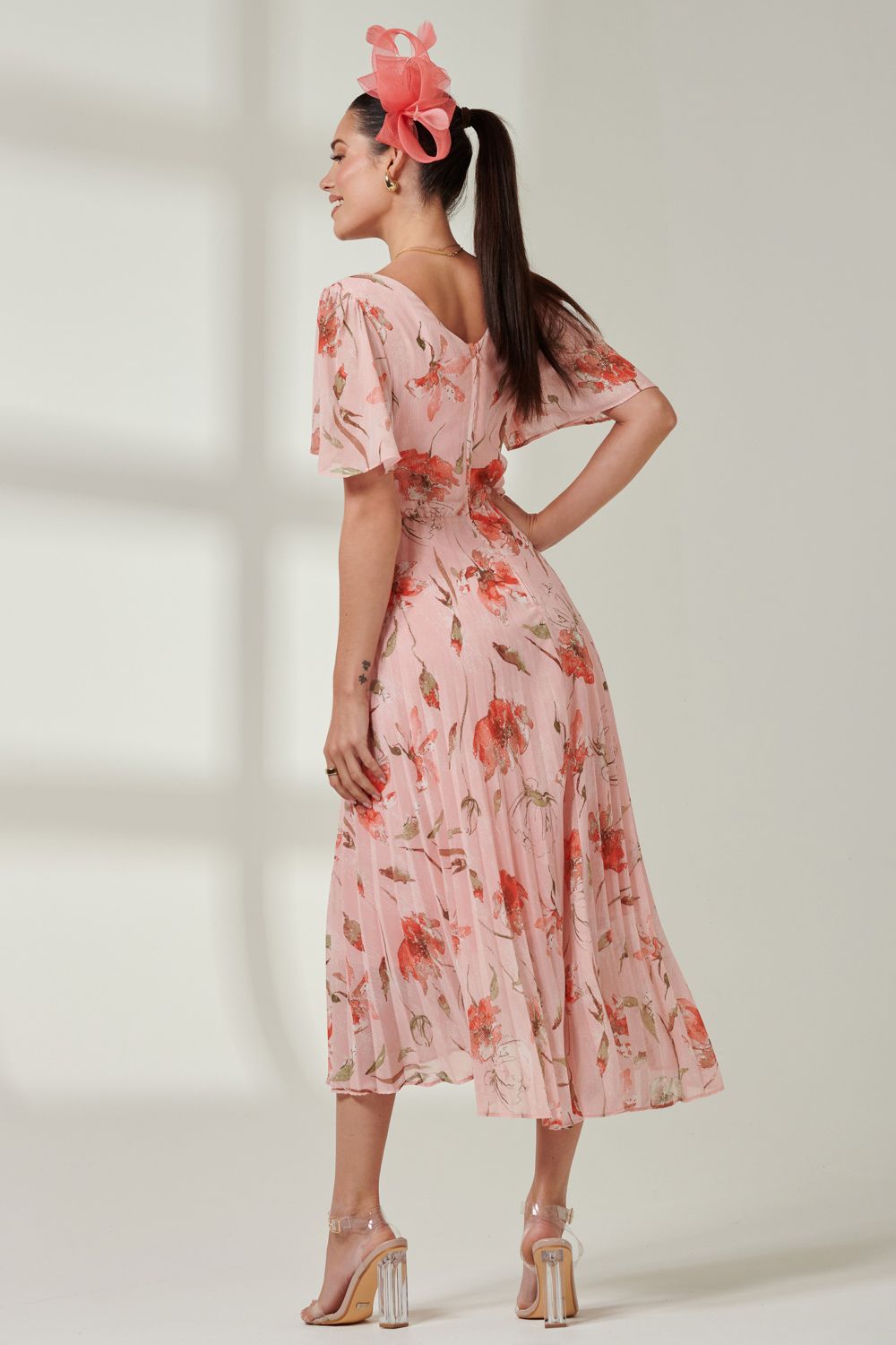 Jolie Moi Pleated Dip Hem Chiffon Maxi Dress