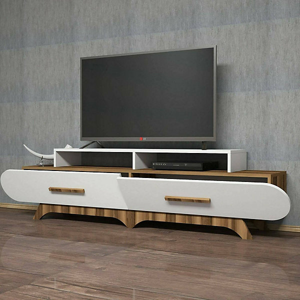 Meuble TV Phec, Buffet de salon, Armoire basse pour TV, Base murale de rangement, 205x37h50 cm, Noyer et Blanc