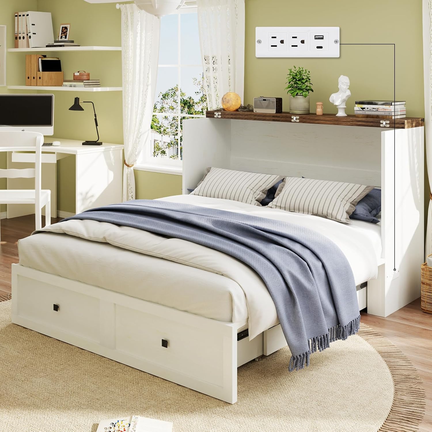 Murphy Bed with Charging Station, Queen Size Cabinet Bed with Large Storage Drawer for Home Office or Small Room, Hideaway Foldable Platform Bed, White