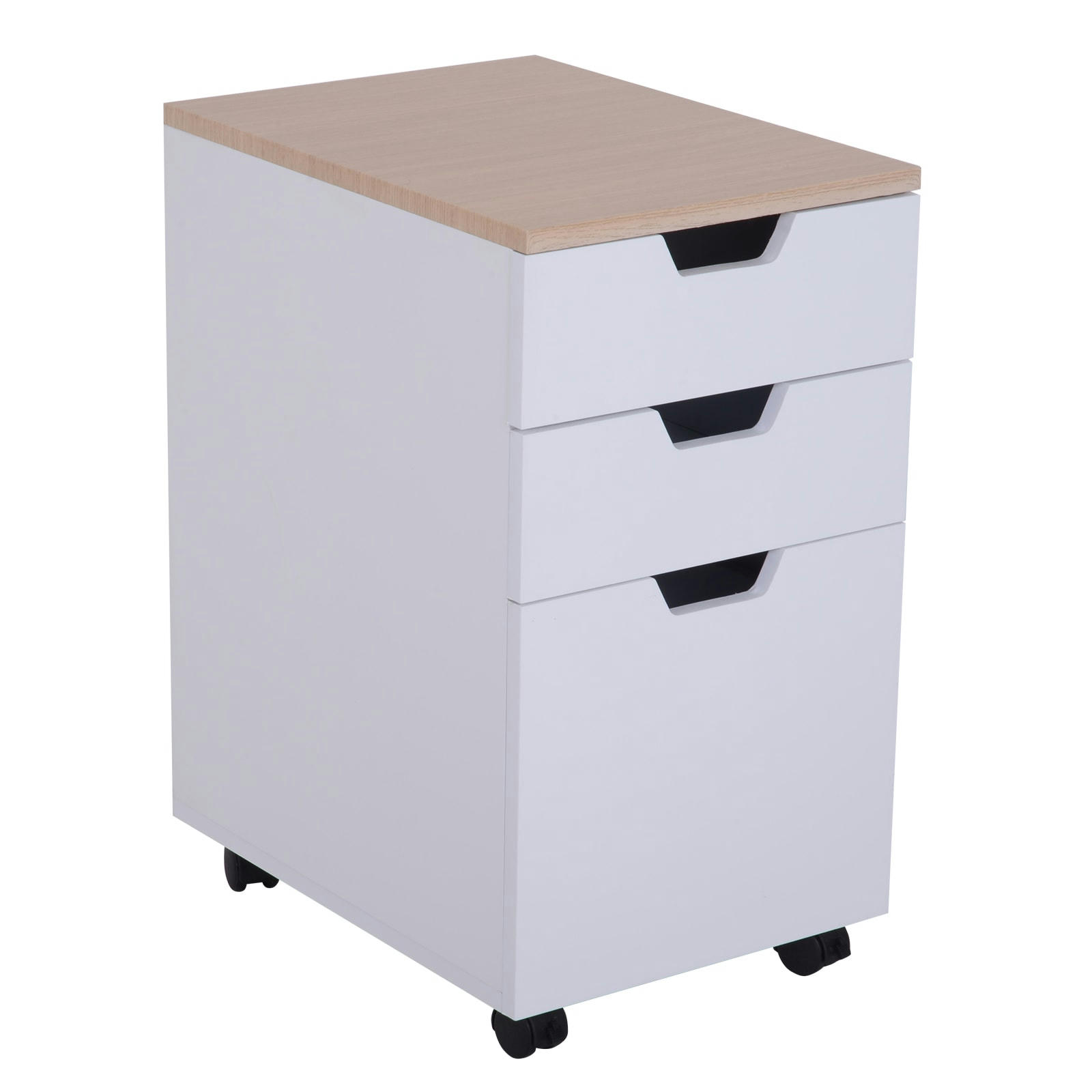 - Caisson de bureau roulettes 3 tiroirs coulissants blanc bois clair