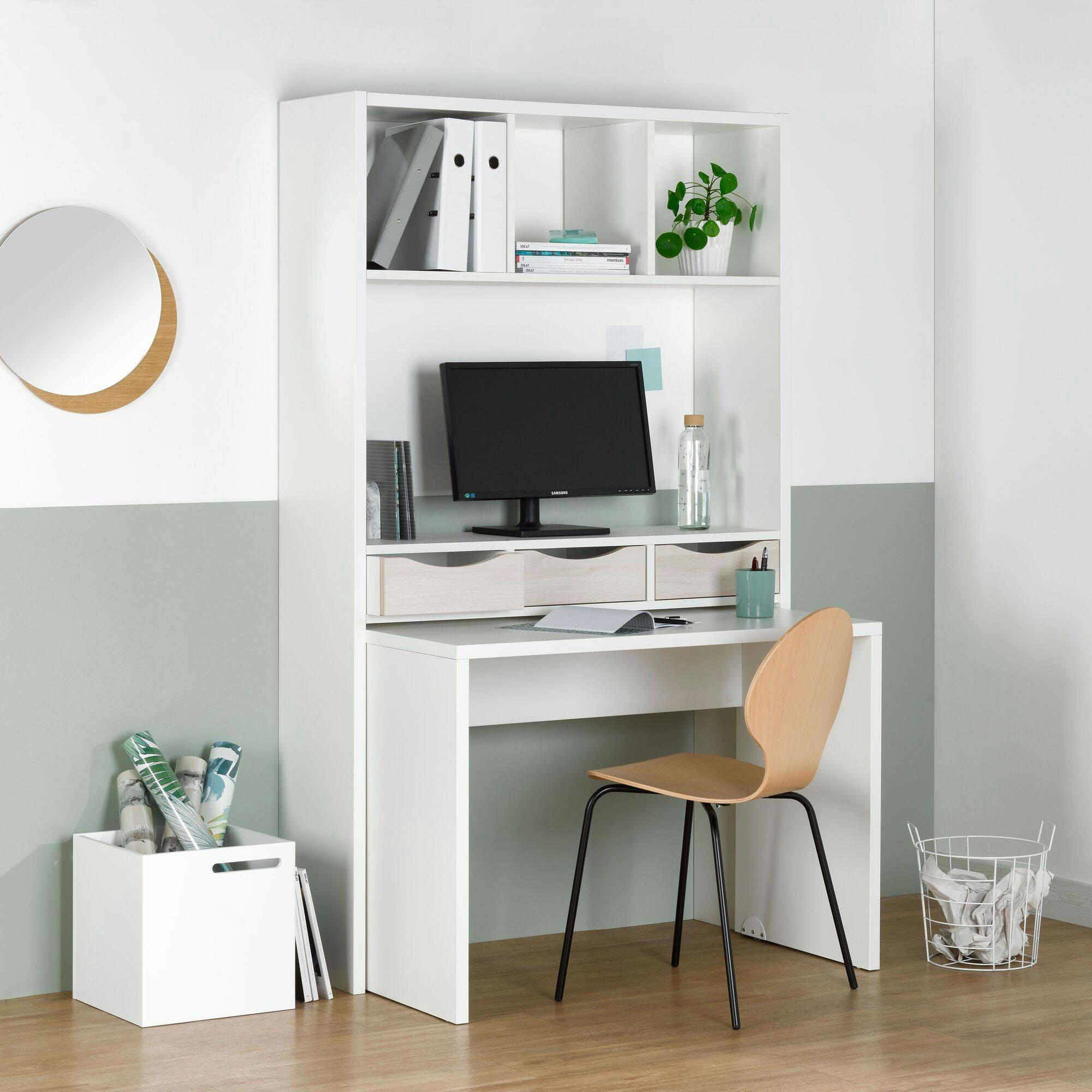 SILAS - Bureau console modulable blanc effet bois