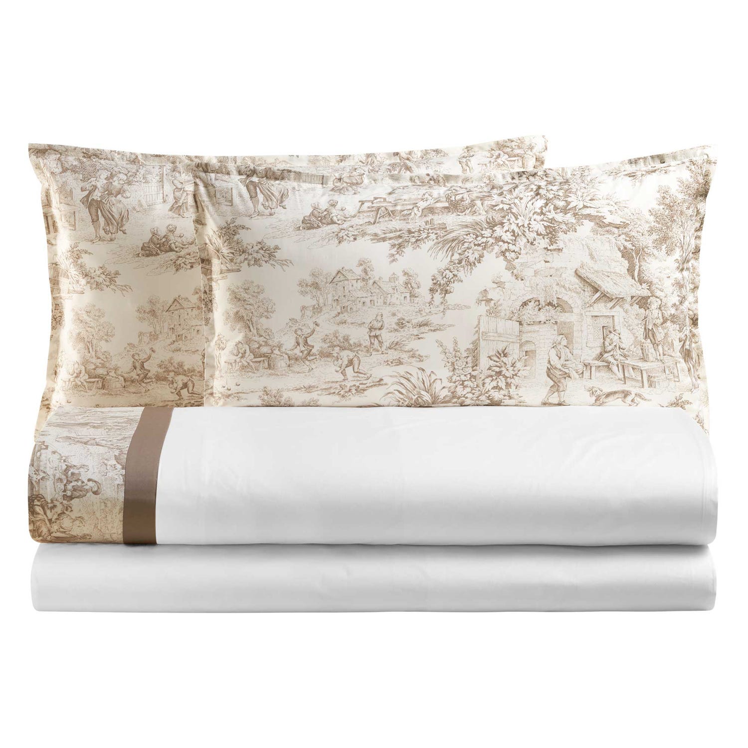 Completo letto matrimoniale Toile de Jouy beige Biancoperla