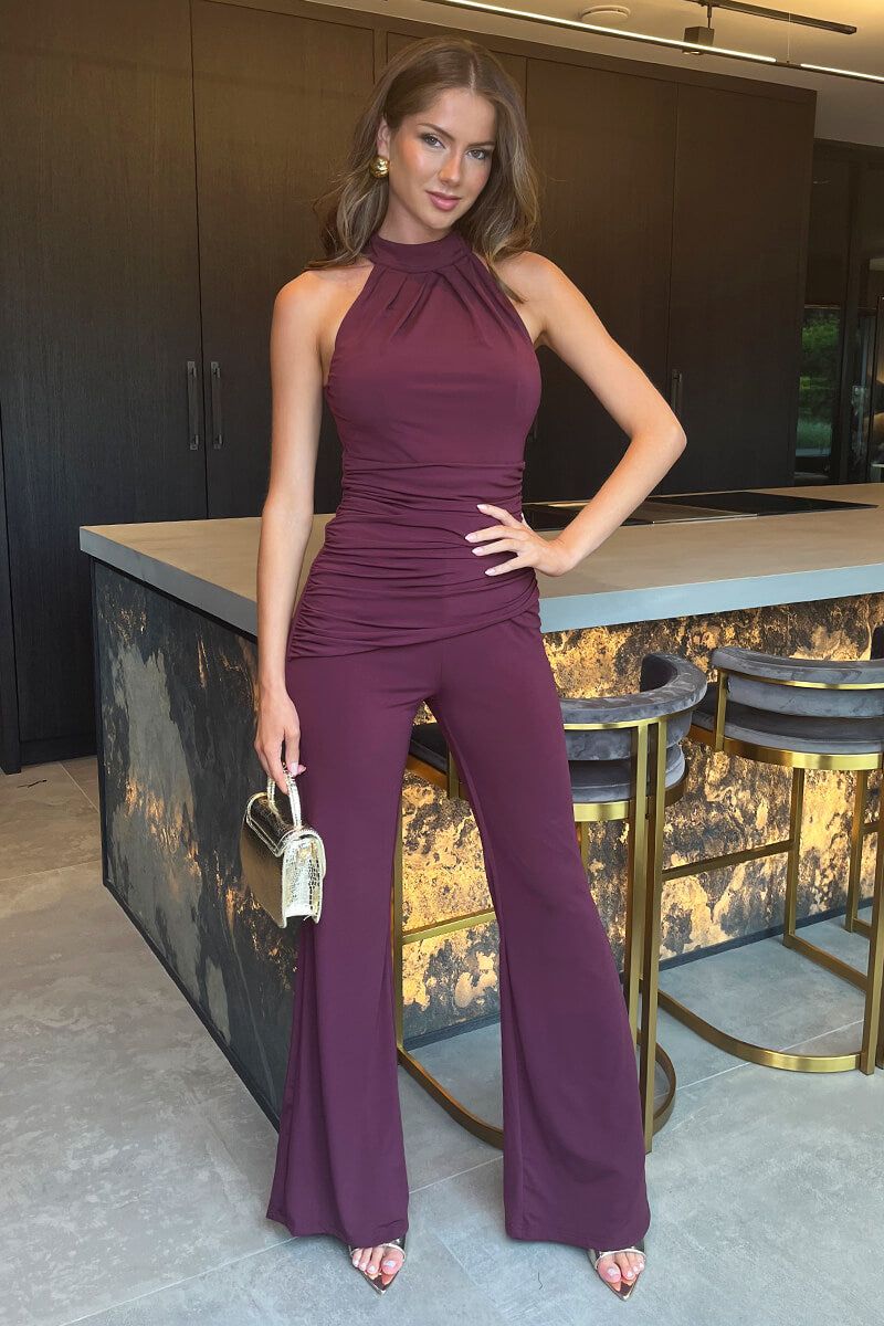 AX Paris Plum Pleated Halter Neck Draped Waist Detail Jumpsuit