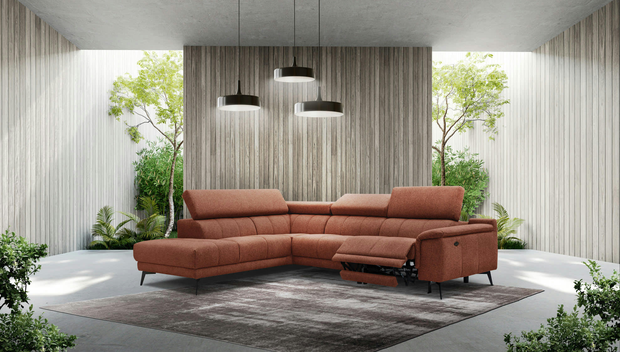 FIERO - Canapé d'angle gauche 5 places avec une relax électrique tissu brique