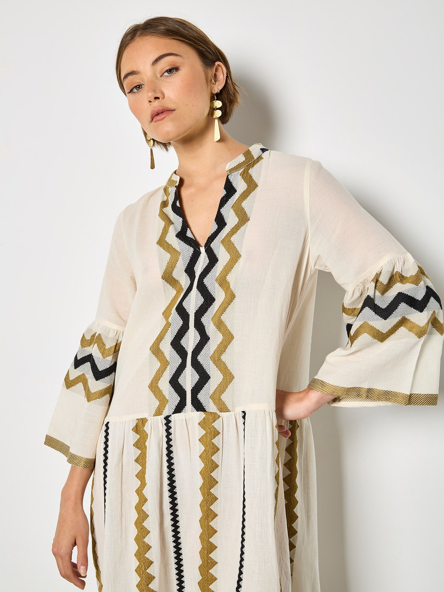 Apricot Embroidered Chevron Stripe Lightweight Mini Dress
