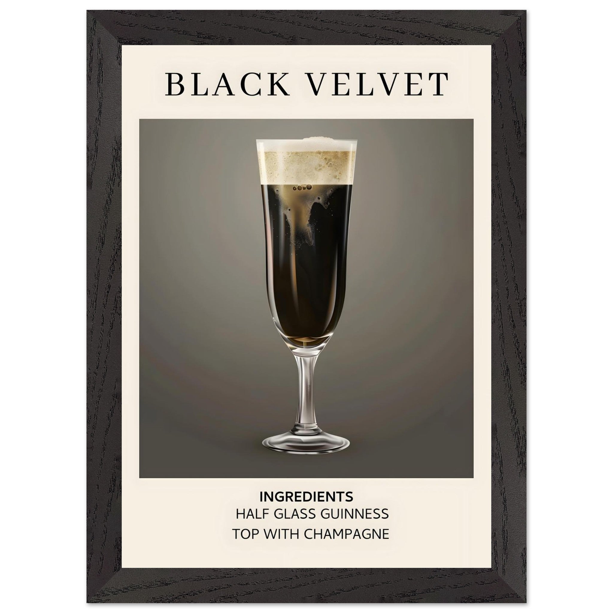 Artfulprints Poster met Lijst Black Velvet cocktail - Ingrediënten  - A4 21x29.7 cm - Zwart / Wit