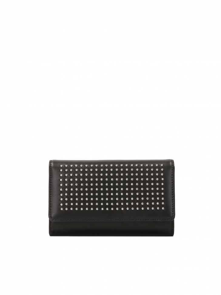 Medium-sized black wallet with rivets on the front