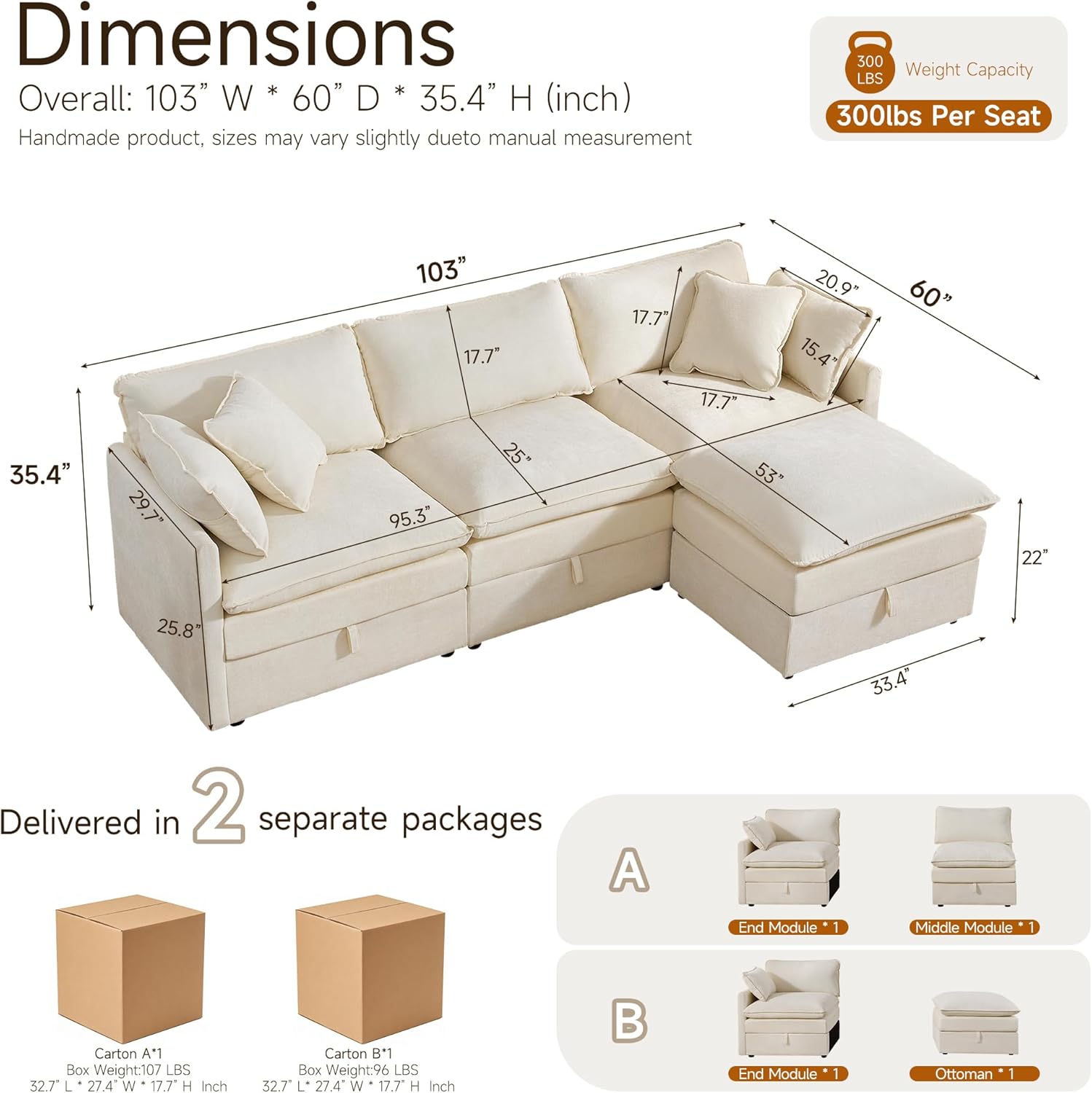 Modular Sofa with Storage, 103 L Shape Sectional Cloud Couch, Comfy Fabric Couch with Movable Ottoman, 4 Seat Modern Deep Seat Sofa for Living Room (Beige Chenille)