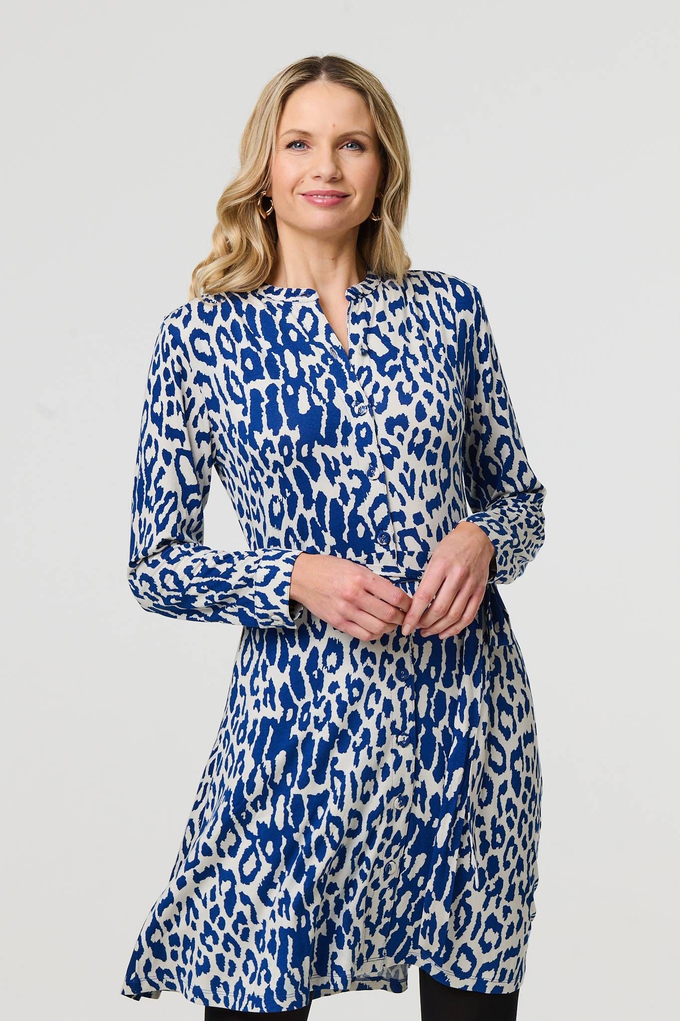 Izabel London Animal Print Long Sleeve Short Shirt Dress