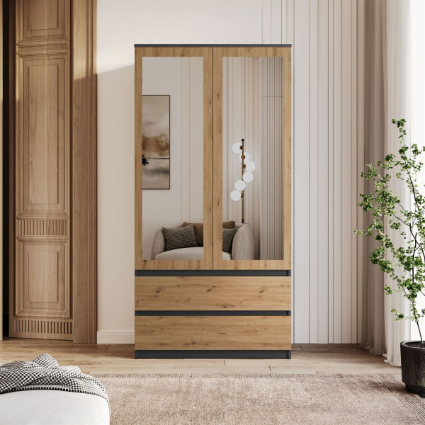 Dwudrzwiowa szafa HANA SS-90 z lustrem, artisan/antracyt
