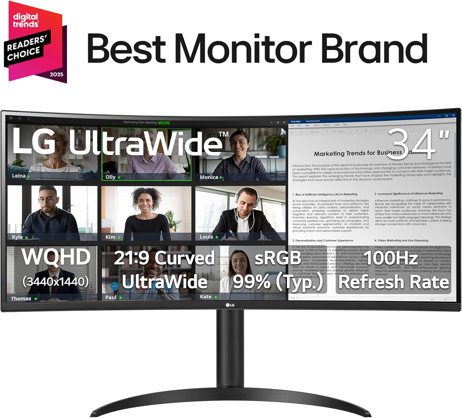 LG 34WR55QK-B 34-inch UltraWide WQHD (3440 x 1440) Curved Computer Monitor  100Hz  5ms  HDR10  Reader Mode  HDMI  DisplayPort  USB Type-C  Tilt/Height Adjustable Stand  Black