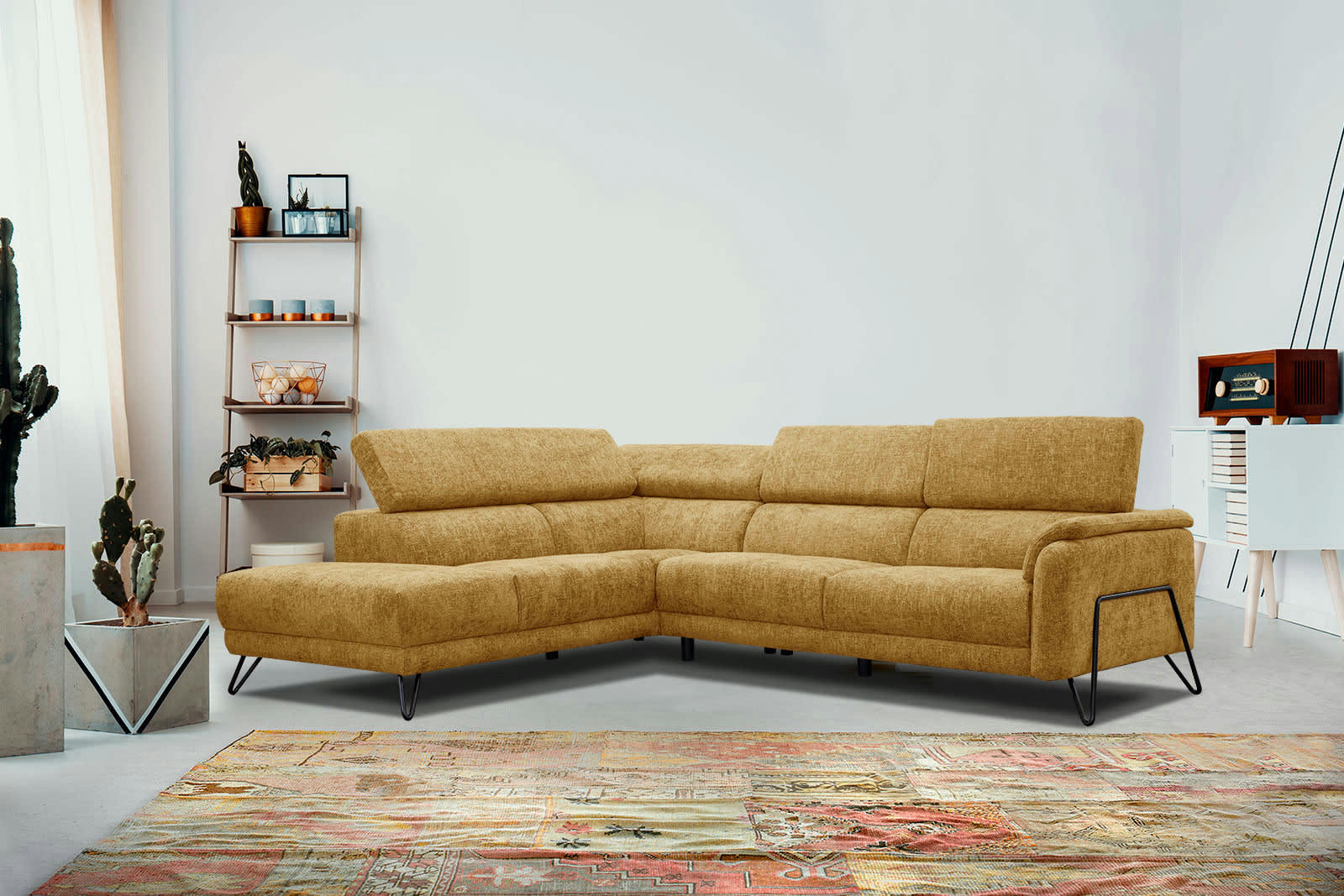 RODEN - Canapé d'angle gauche 5 places tissu doré