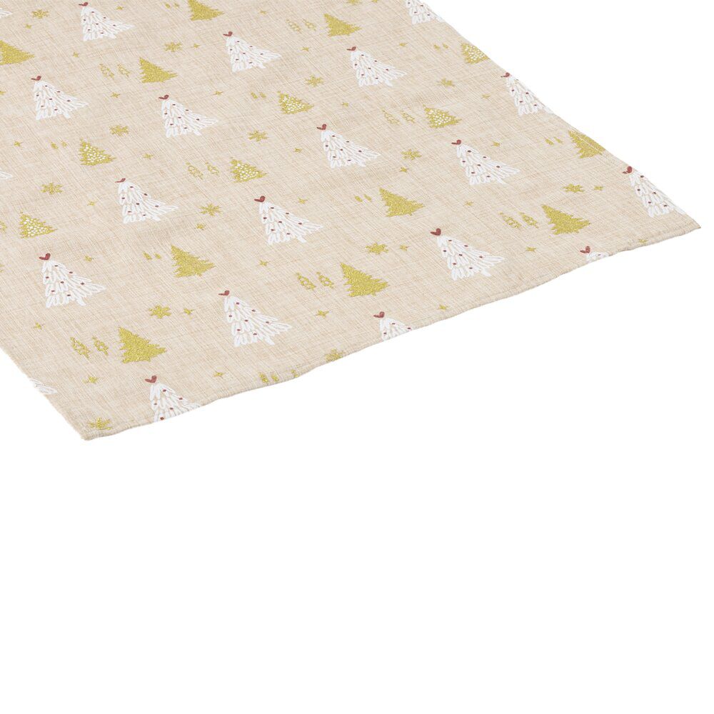 Chemin de table imprimé sapins de No&euml;l L250X45 cm marron blanc et doré