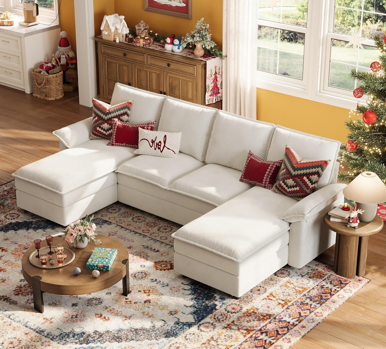 LINSY HOME U Shaped Cloud Couches, 115 Modular Sectional Sofa with Double Chaise, Chenille 4 Seater Sofa Set for Living Room, Apartment, Office, Beige