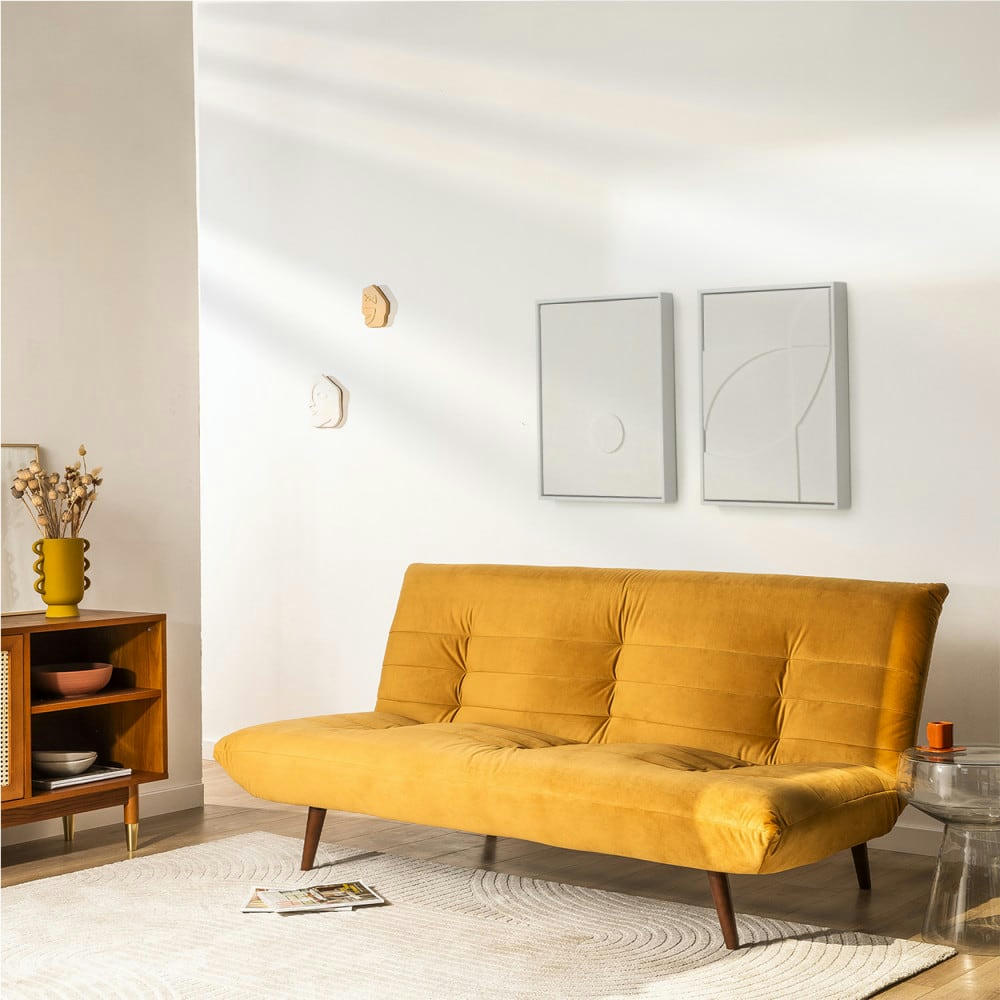 TOMMY - Canapé convertible 3 places en velours jaune moutarde