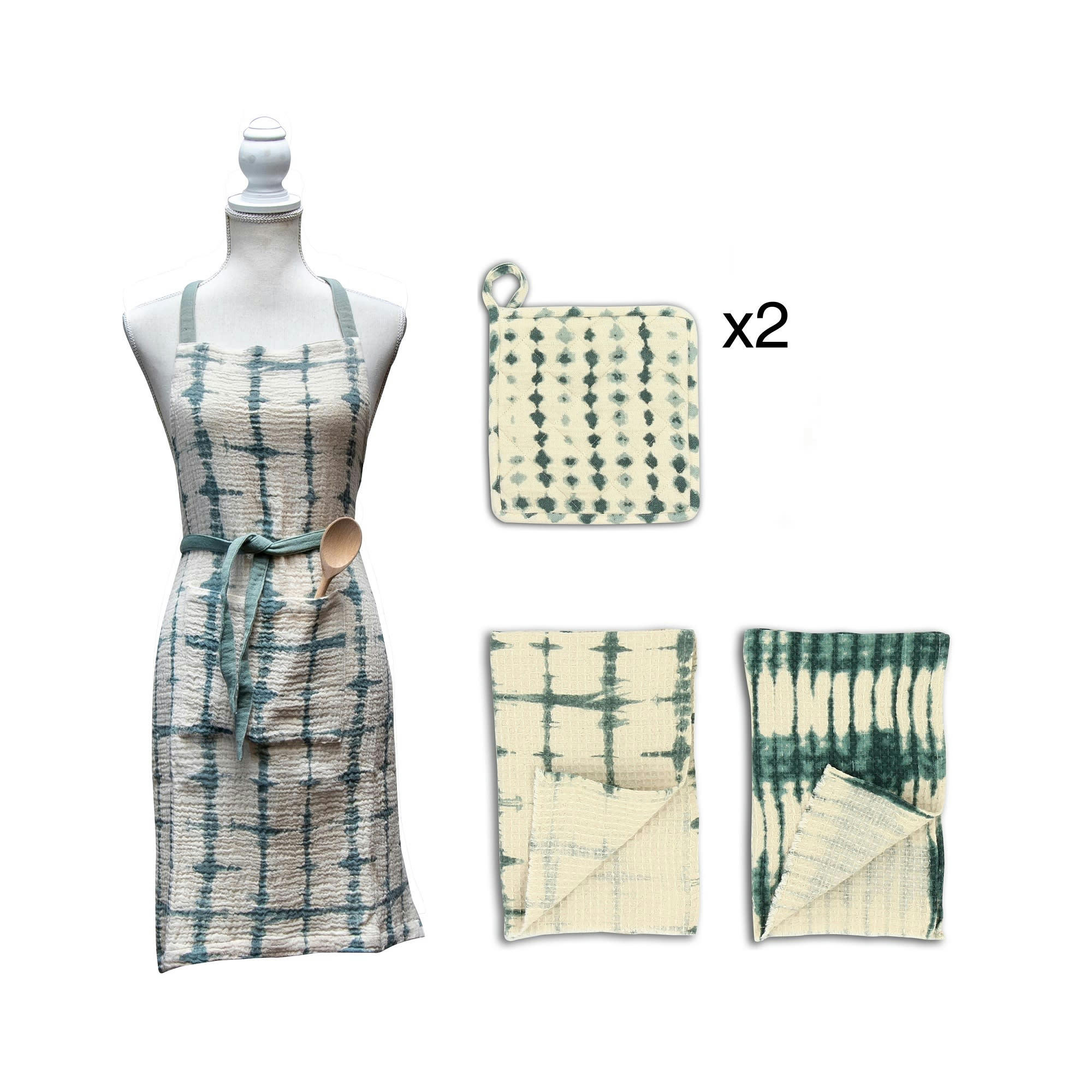 PAOLO - Ensemble de cuisine avec tablier, torchons et maniques céladon