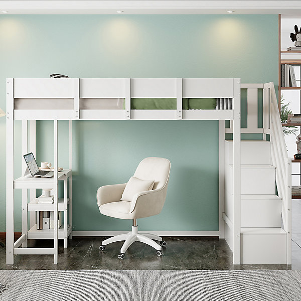 Lit superposé 90x200 cm avec étagère intégrée et grand espace sous le lit en pin massif blanc