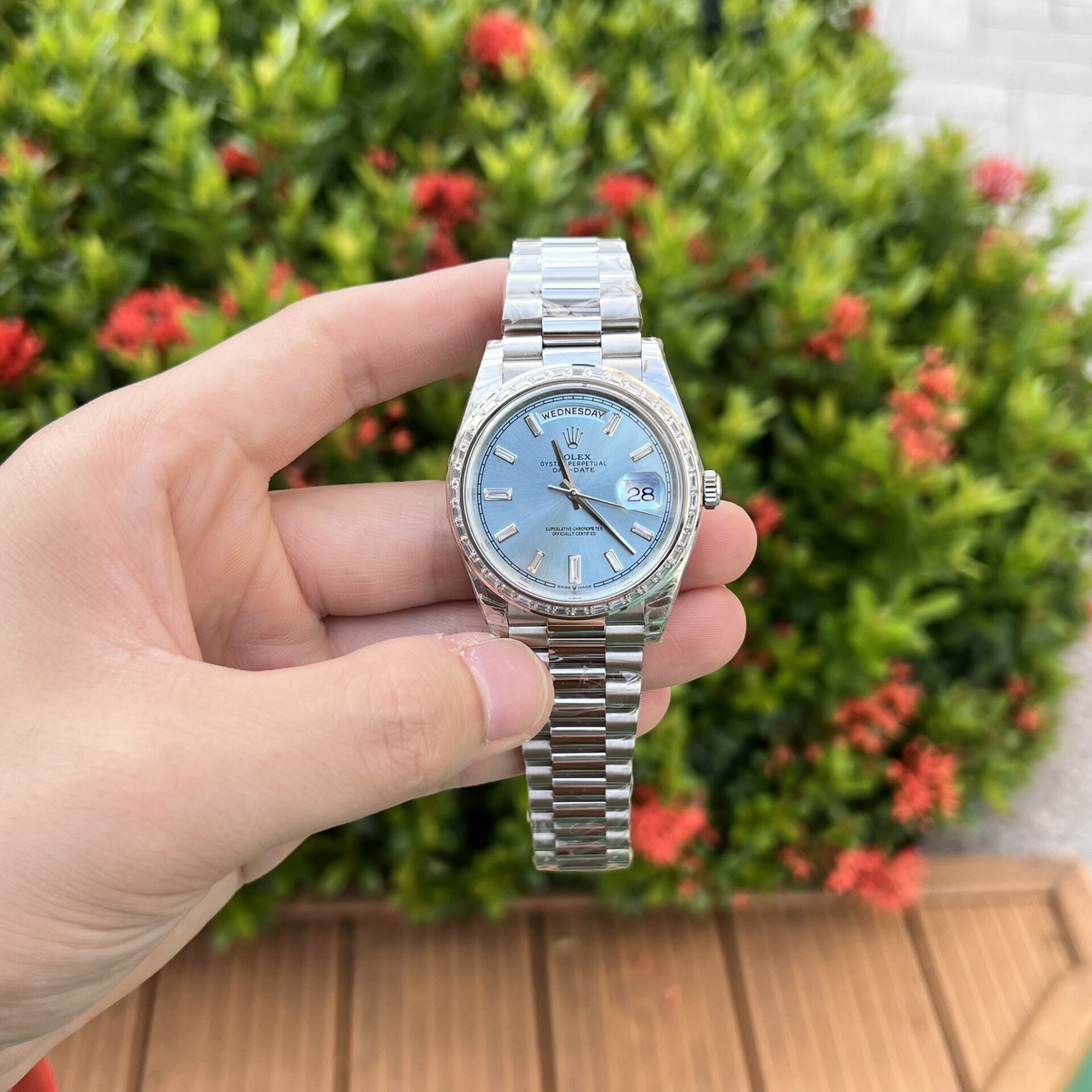 Rolex Day-Date 316L Steel Ice Blue Dial CZ Diamonds 40mm GSF Replica