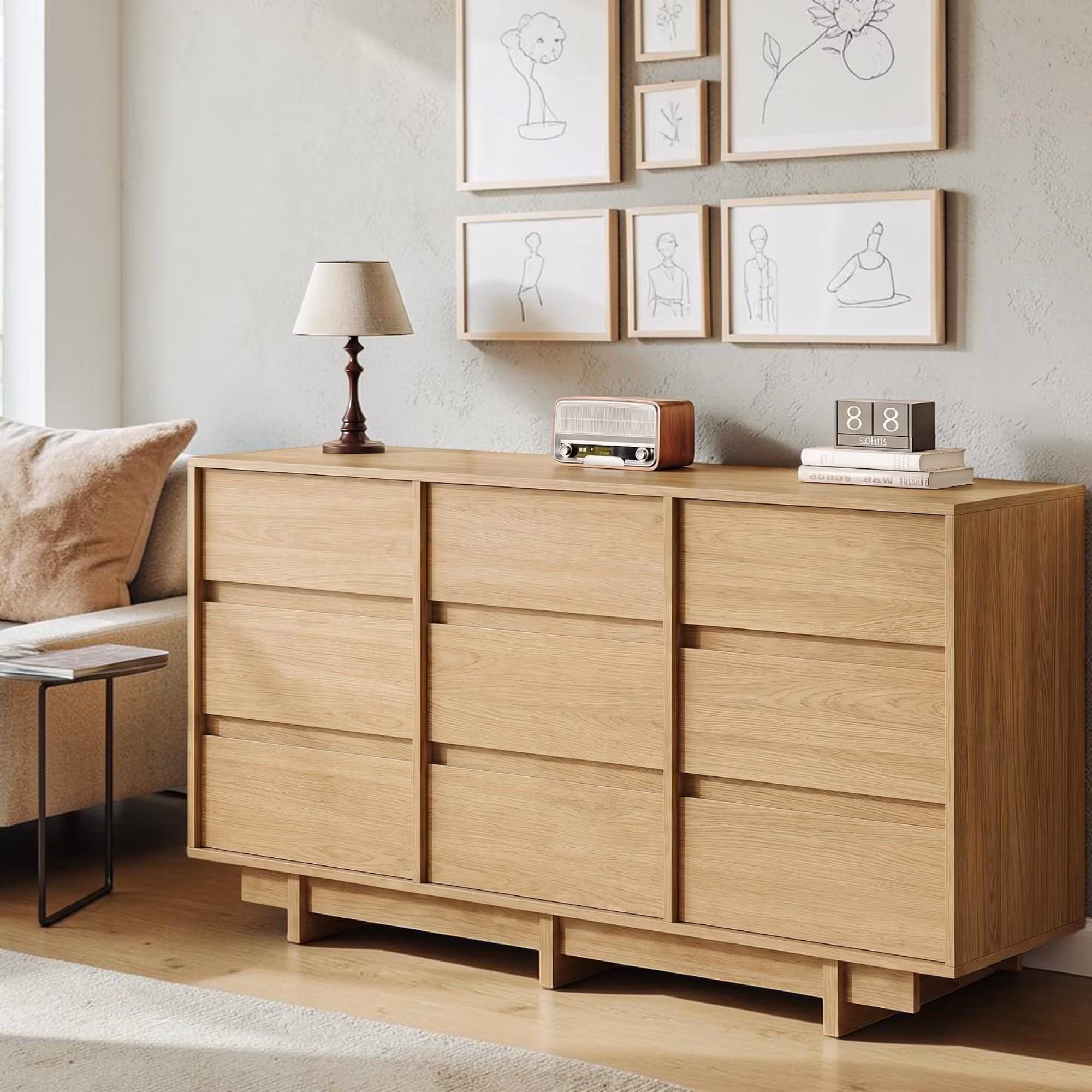 Modern Walnut Dresser 9 Drawer Bedroom Chest Wide Storage Cabinet Minimalist Furniture