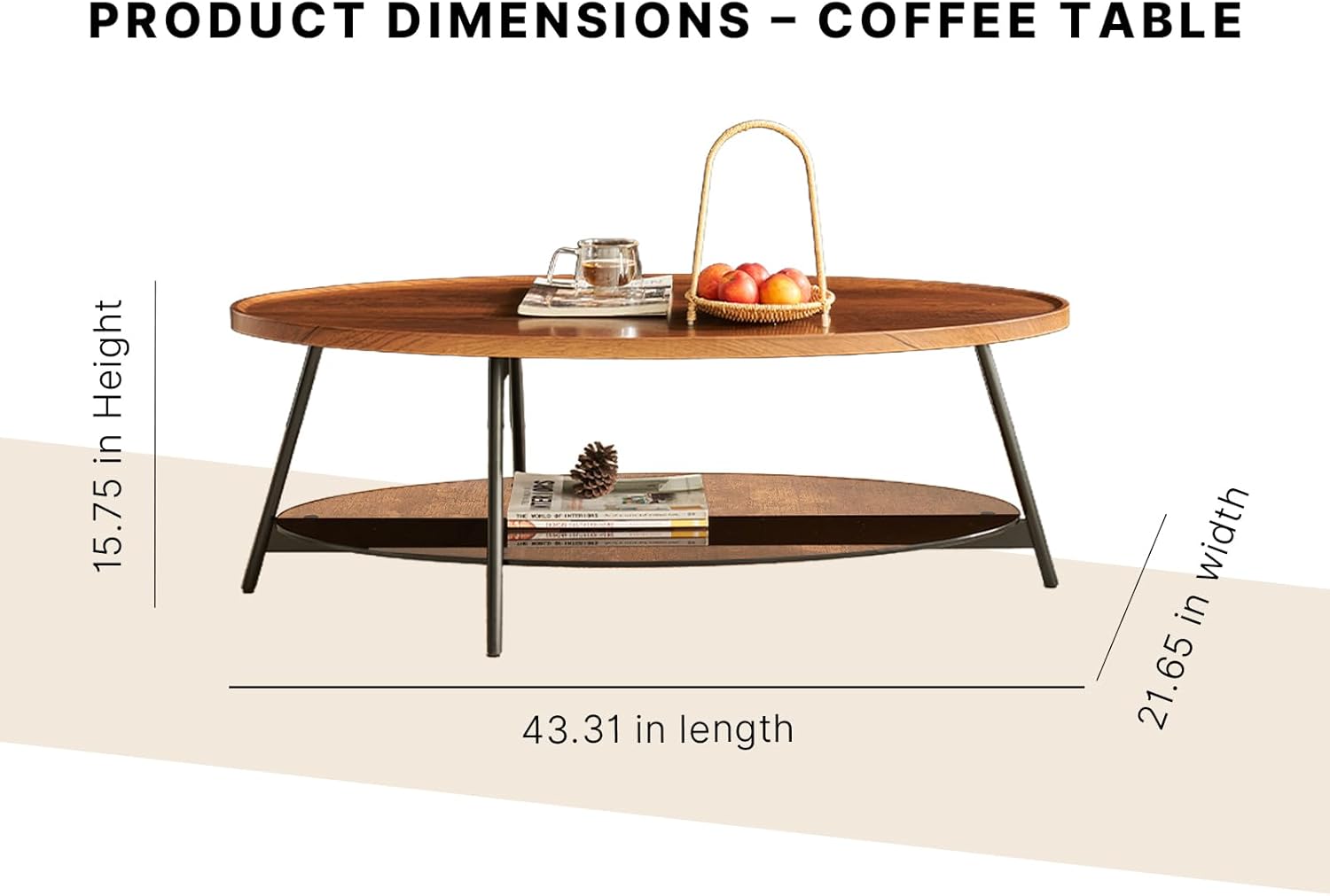 Shrine Glass Coffee Table, Black Walnut Table for Living Room, Glass and Wood Table, 43.3 D x 21.6 W x 15.7 H, Brown Glass Base, Walnut Wood Top&Black Metal Frame