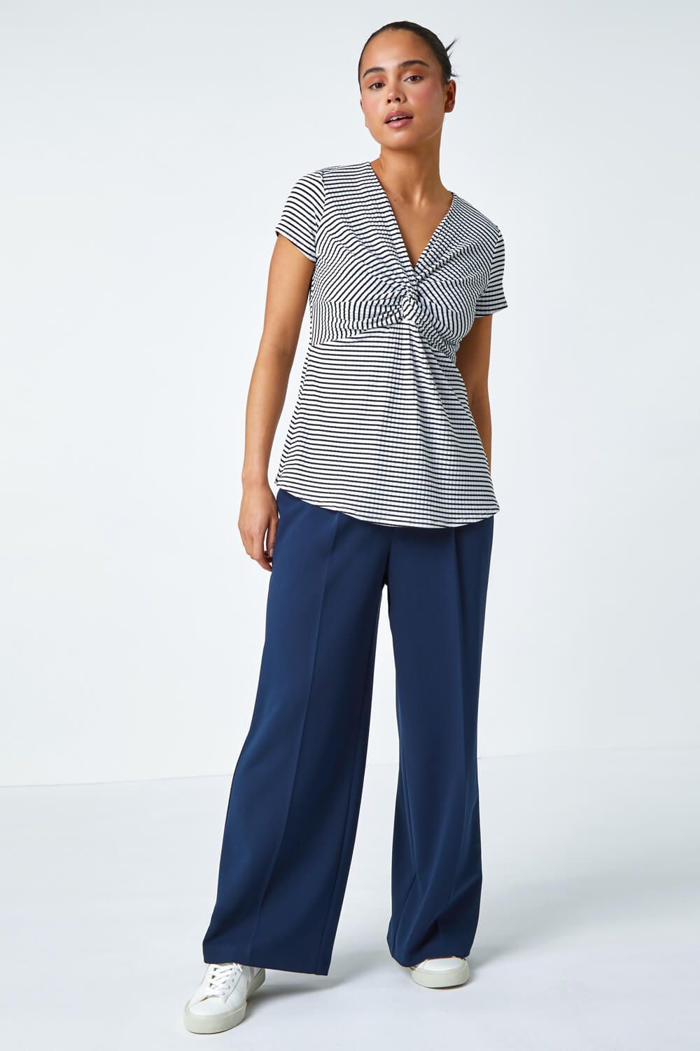 Roman Petite Stripe Twist Soft V-Neck Stretch Top