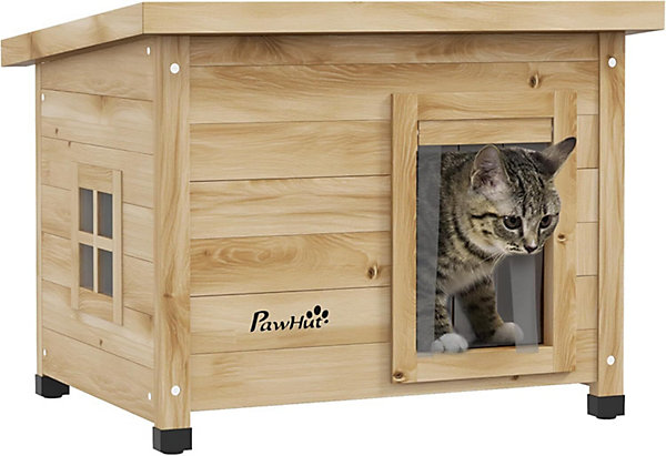 Maison pour Chats Niche d'extérieur en Bois surélevée avec Toit Asphalte, Porte avec Rideau, fenêtre, 57 x 45 x 43 cm Jaune