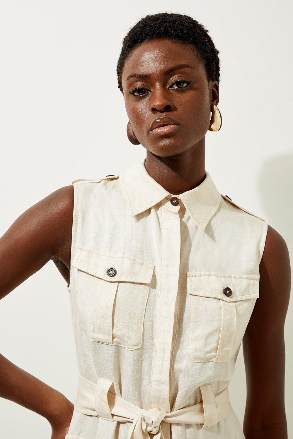 KarenMillen Viscose Linen Woven Sleeveless Shirt Midi Dress