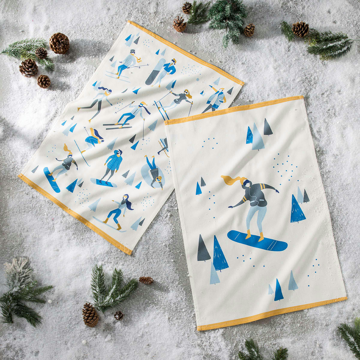 SPORTS D'HIVER - Torchon imprimé en coton bleu moyen 50x75