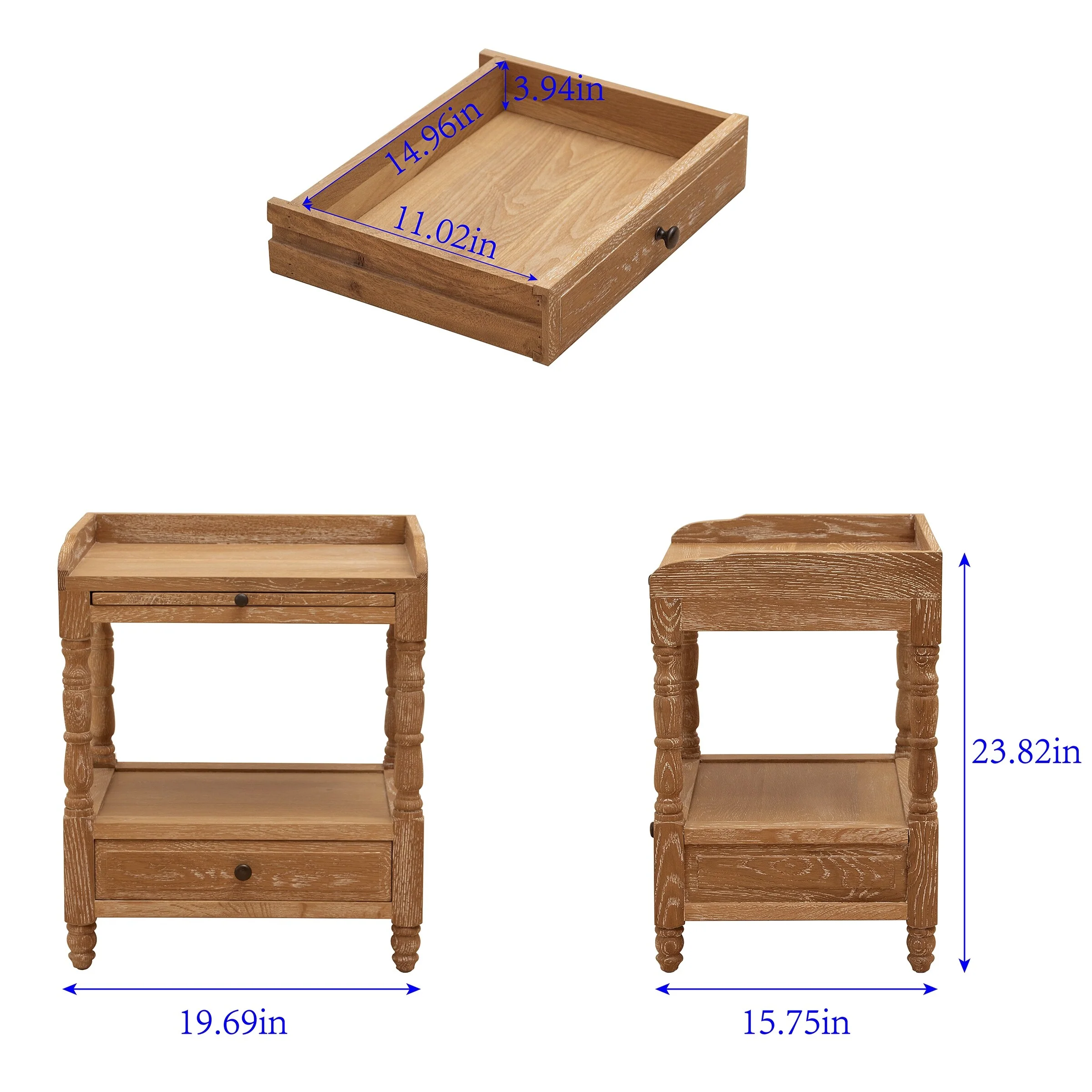 Bedroom Furniture Solid Oak Nightstand Bedside Accent End Table with 2-drawer & Shelves