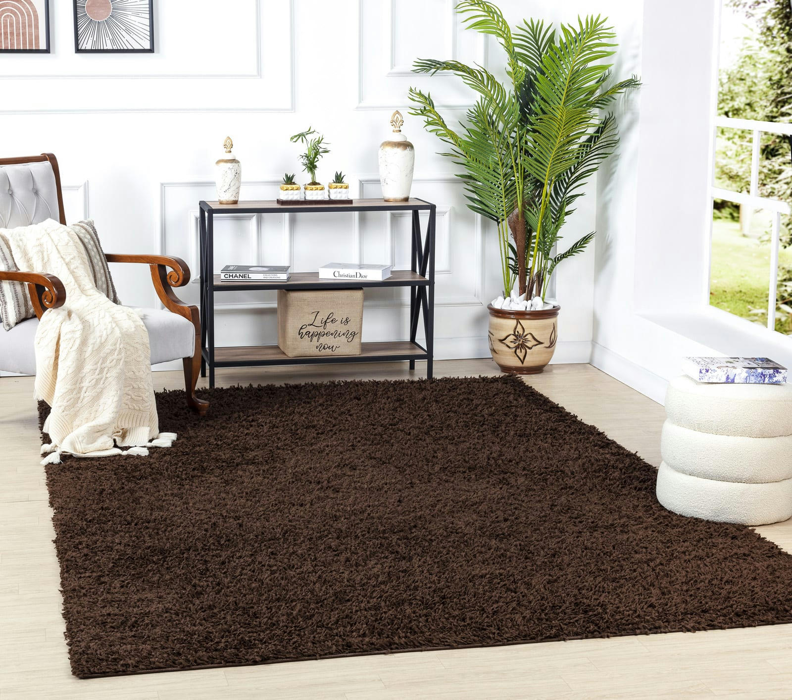 LILLY - Tapis Shaggy Uni Chic Marron Foncé 100x200
