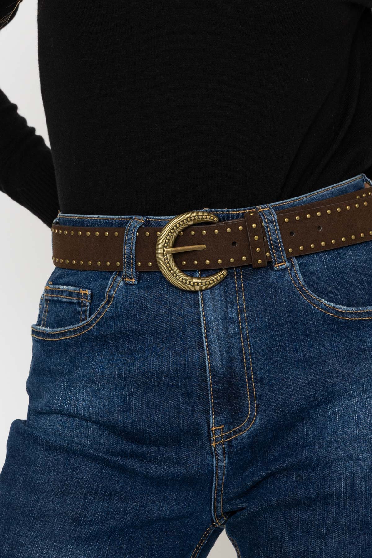 Narrow Stud Faux Suede Belt in Brown