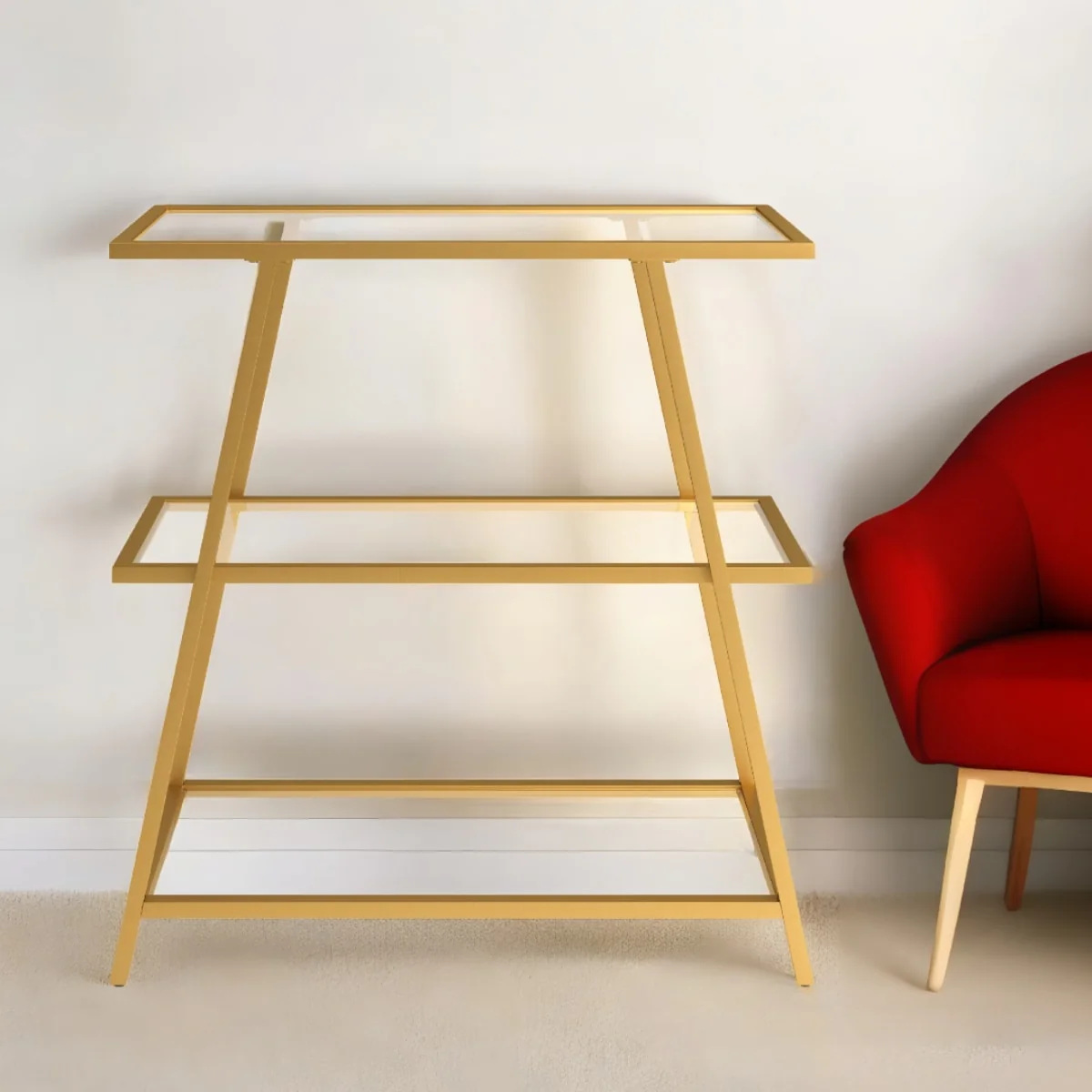 Contemporary Gold Metal 3-Shelf Vertical Etagere Bookcase with Glass Shelves for Home Office - 36”H x 34”W x 14”D