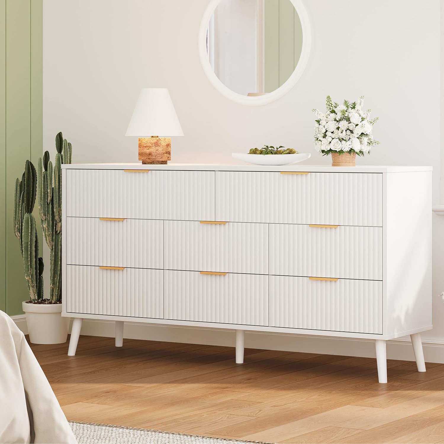 Fluted Dresser for Bedroom with 8 Drawers, Wooden Dresser with Metal Handle, Modern Storage Organizer for Bedroom, Wood Closet for Hallway, Living Room,White BDR104W