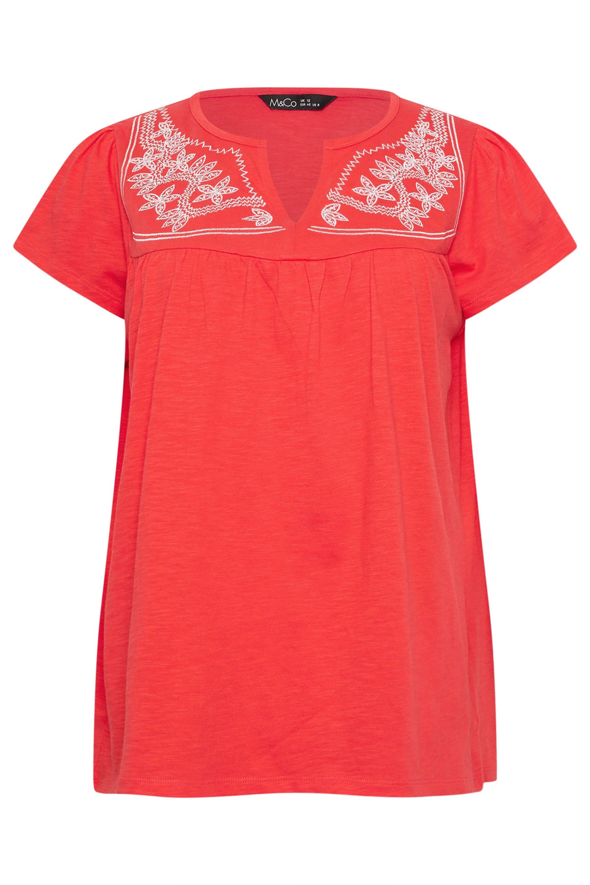 M&Co Embroidered Cotton Notch Neck Top