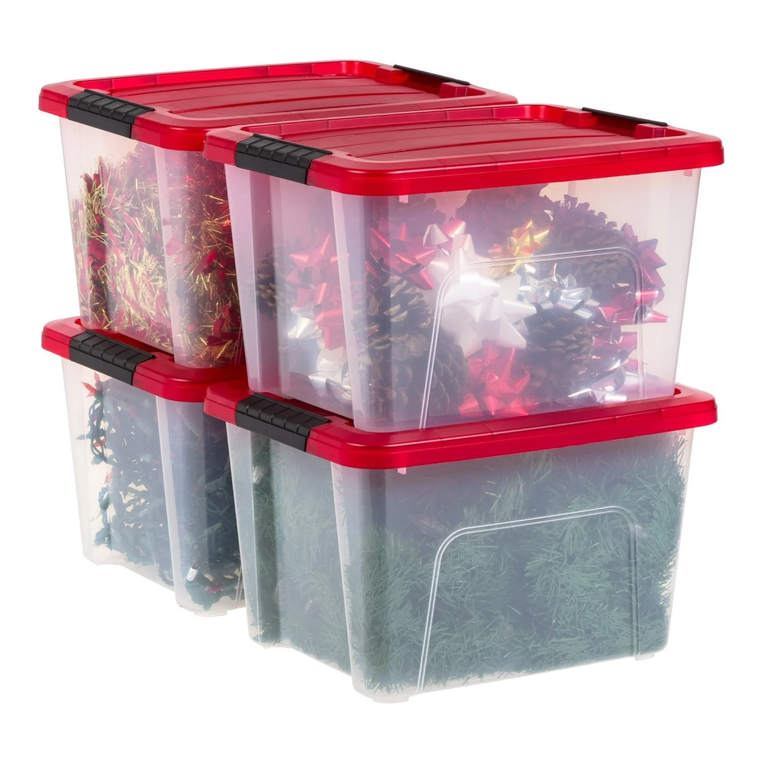 20.5 QT Stackable Holiday Storage Bins, Clear/Red (4-Pack)