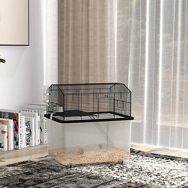 Cage rongeur hamster 2 étages - roulettes, plateforme, échelle, accessoires - PP transparent acier noir