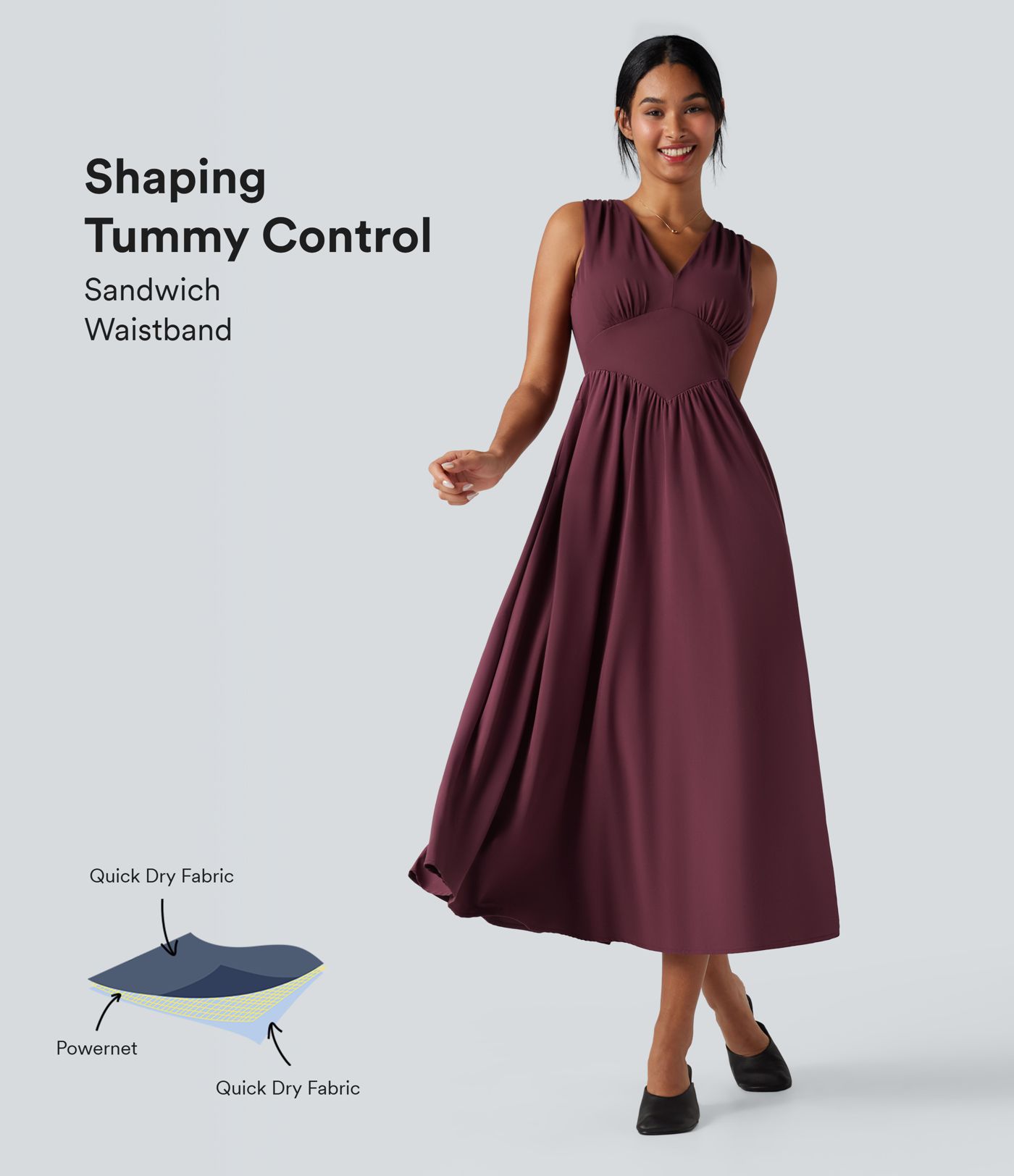 Robe mi-longue fluide décontractée gainante sans manches à décolleté en V profond et séchage rapide avec poches Breezeful™