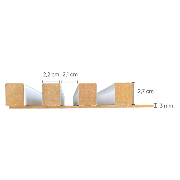 Panneau Tasseaux bois 3D blanc sur fond rigide chêne 250 x 17,6 x 3 - 0,44M²