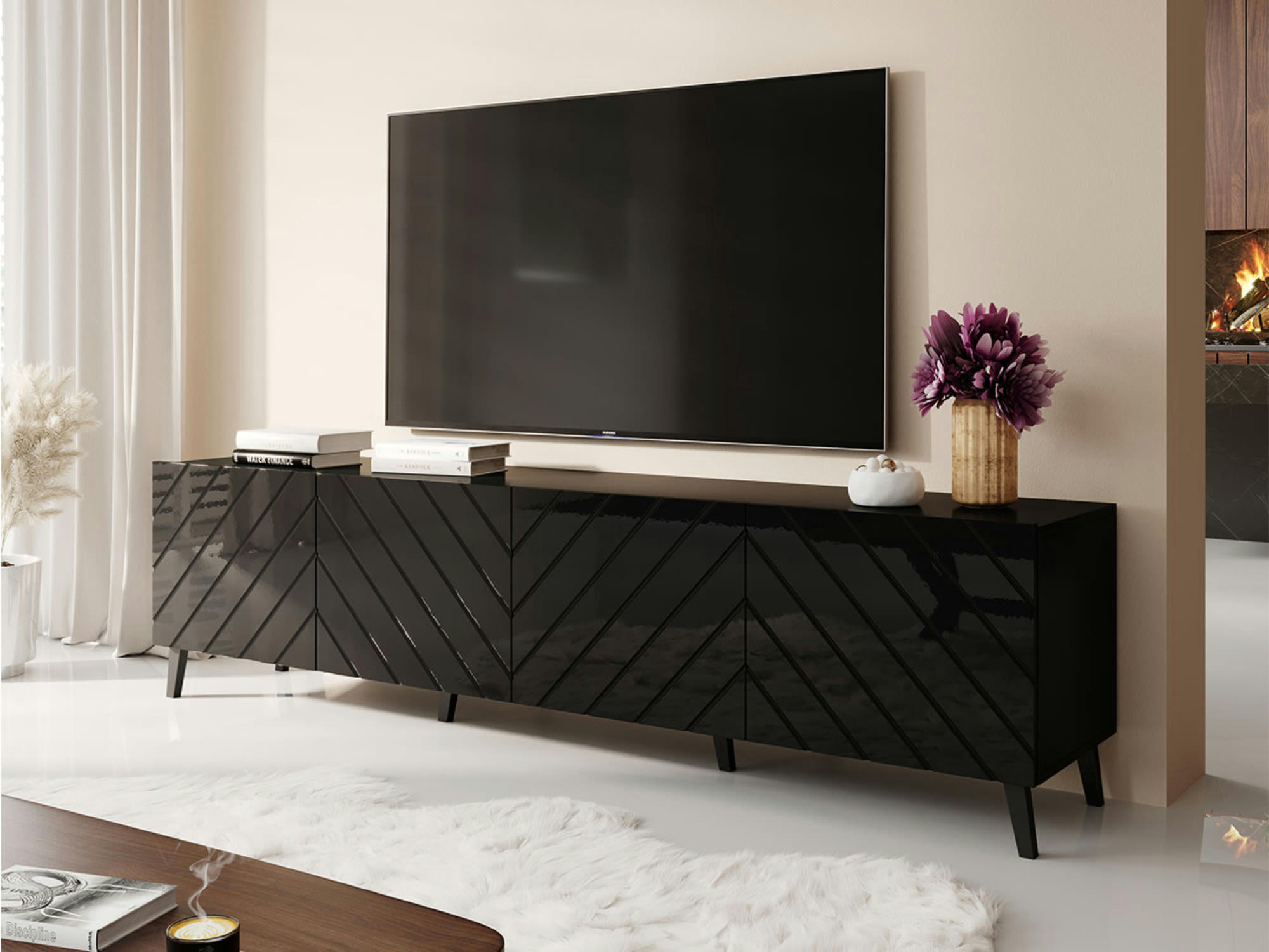 CHLOE - Meuble TV style contemporain 200 cm noir