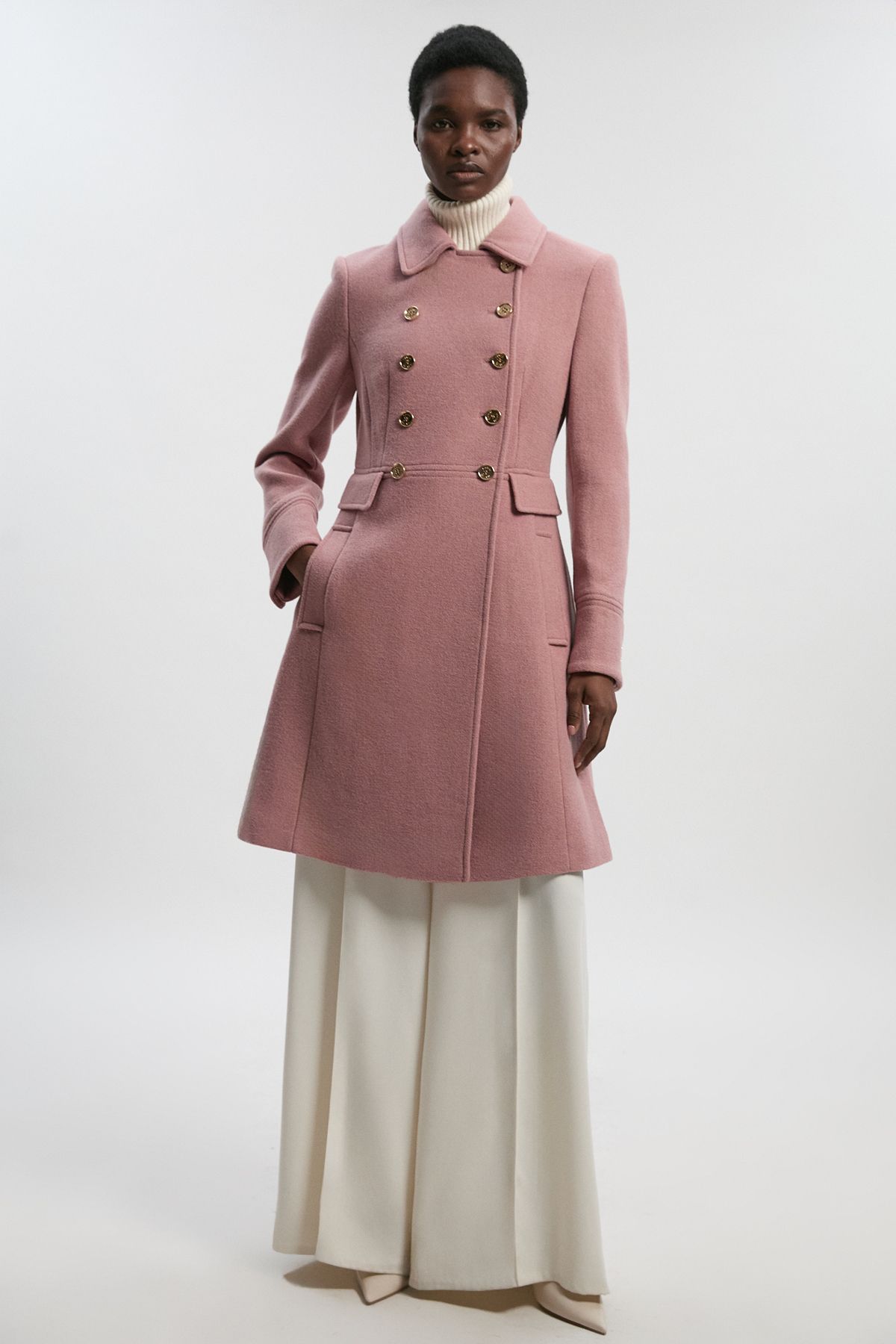 KarenMillen Wool Button Front Double Breasted Tailored Princess Coat