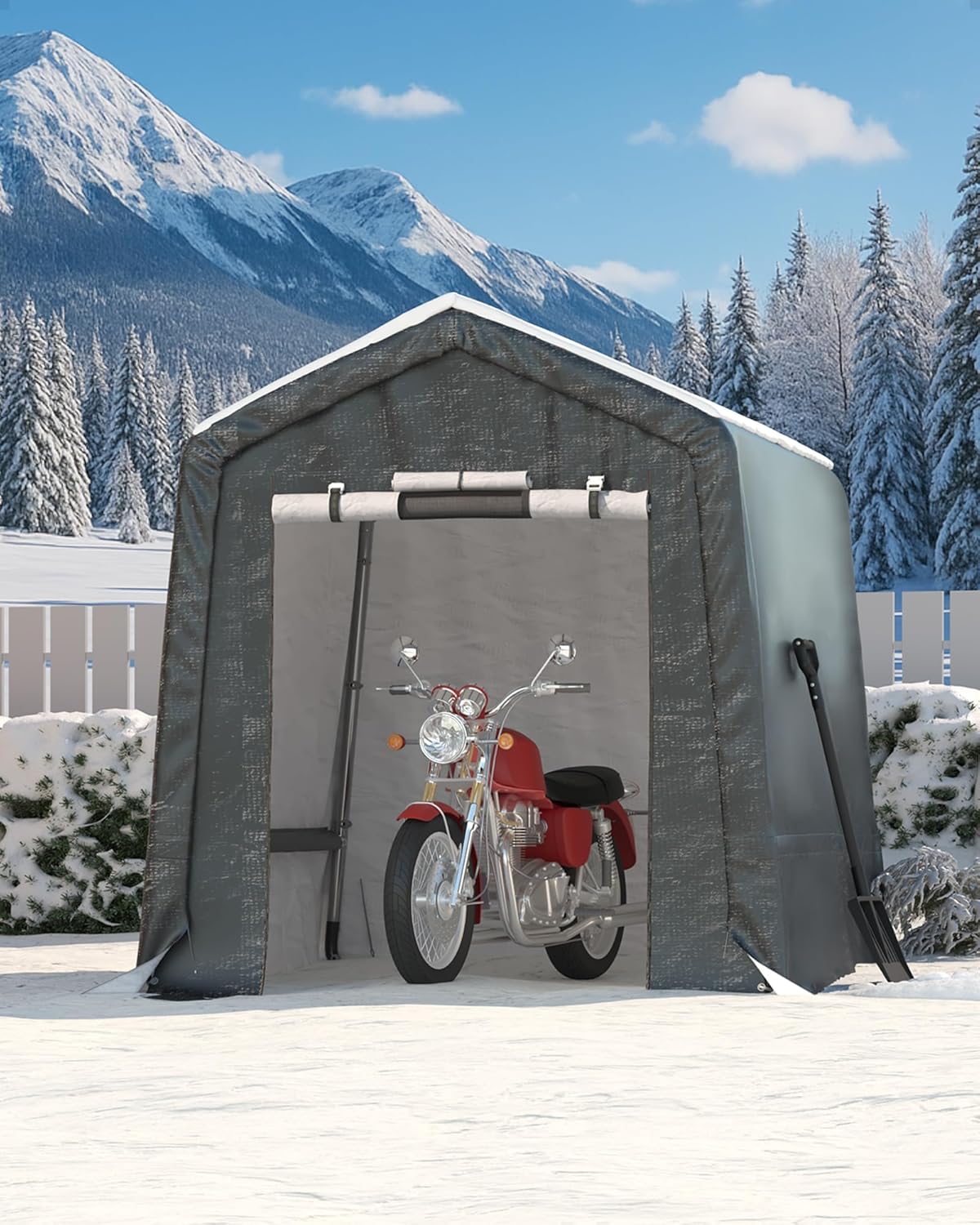 6X8 FT Heavy-Duty Portable Outdoor Storage Shed with Roll-Up Zipper Door & Vent, 240g Waterproof Carport Storage Shelter, UV-Resistant Canopy for Motorcycle, Firewood, Tools -Gray ﻿