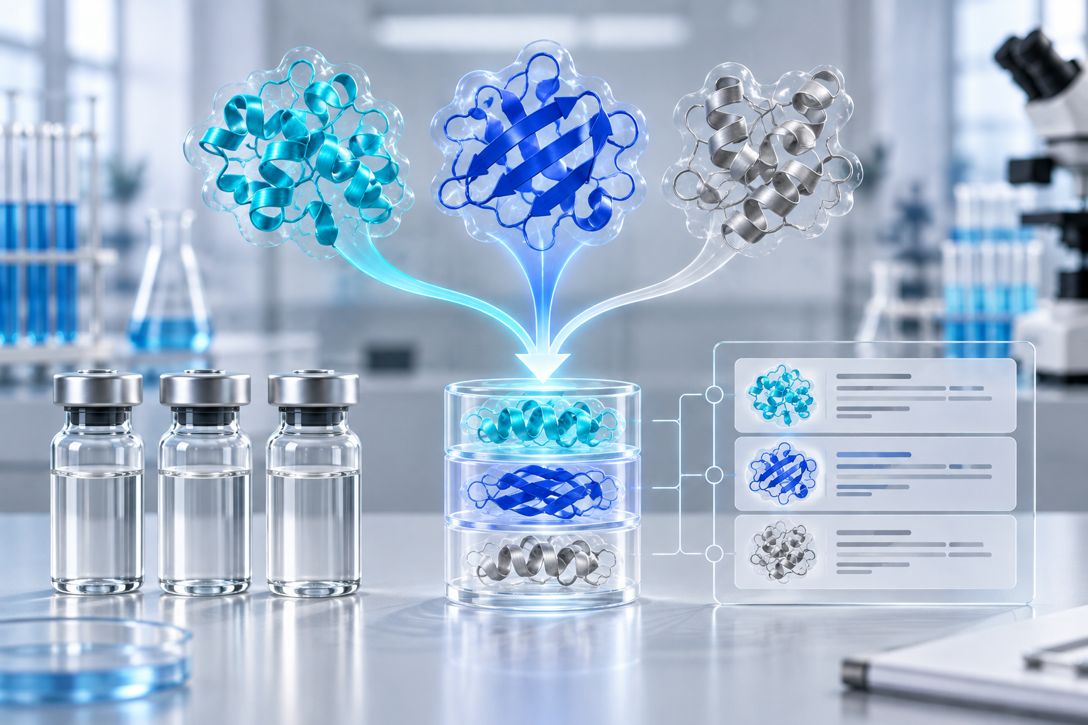 Three blue molecular ribbons converging into a separated component diagram with research vials on a light laboratory workspace.