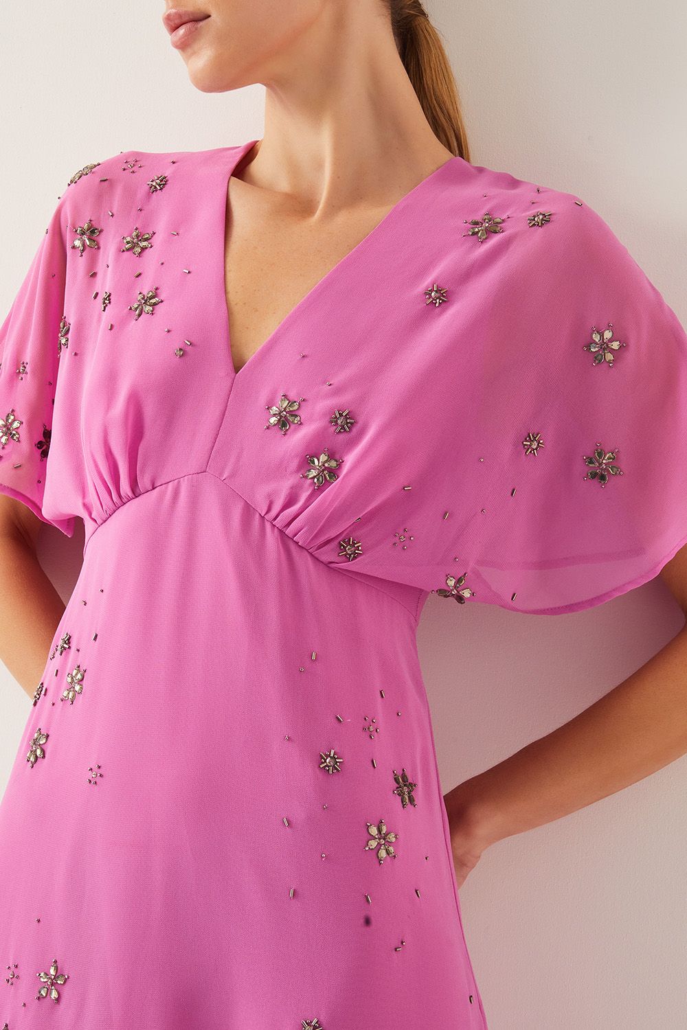 Monsoon Candice Embellished Flutter Sleeve Midi Dress Pink