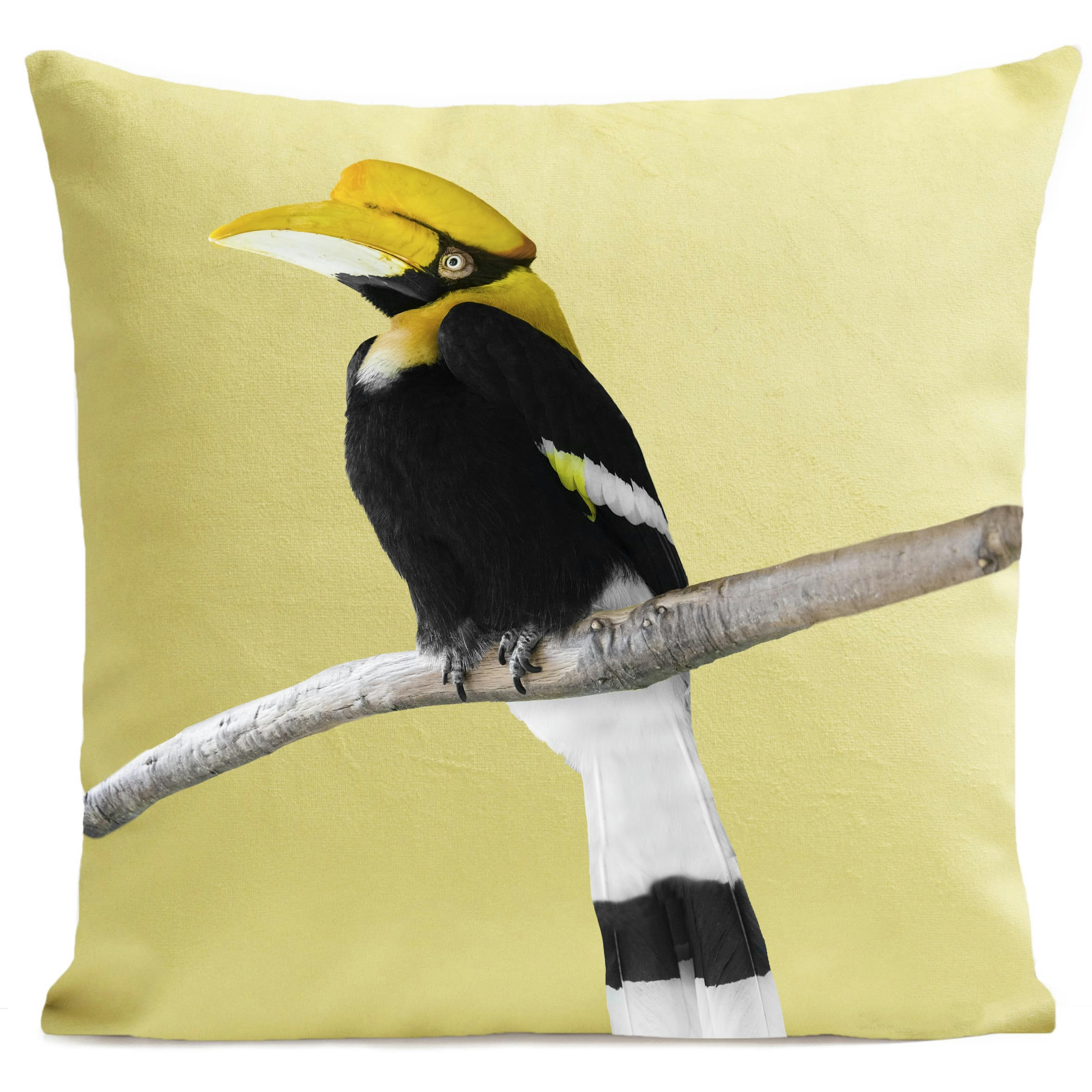 - Coussin tropical oiseau calao suédine jaune 40x40cm