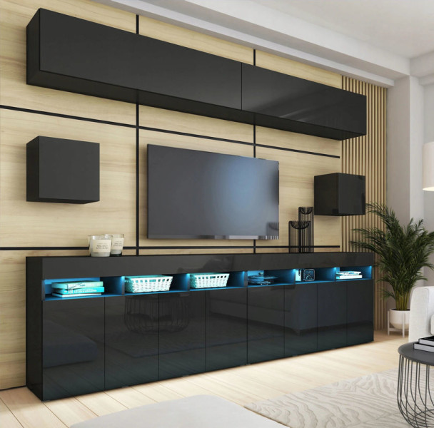 Meblościanka do salonu 280 cm PREMIUM czarny połysk