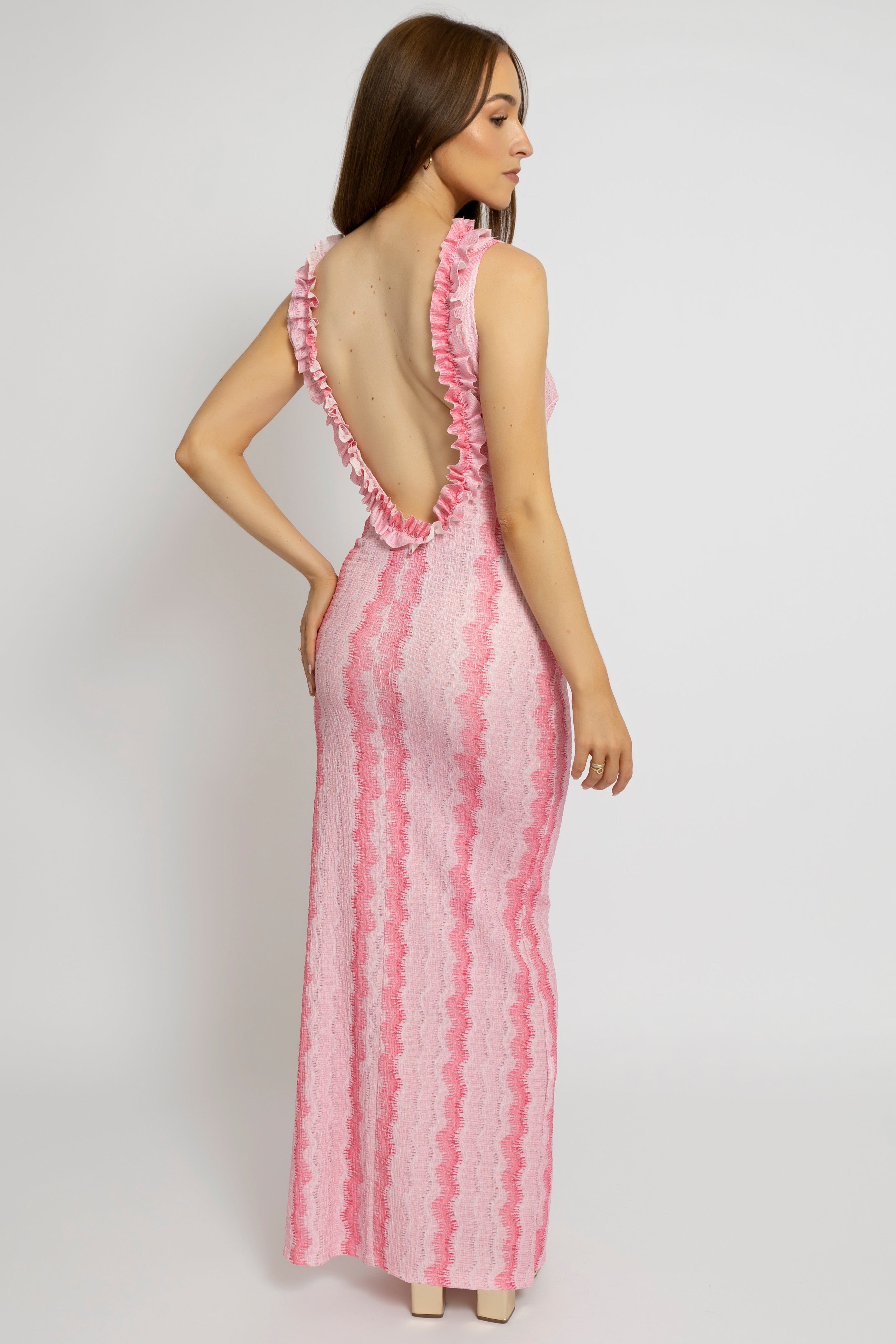 Cutie London Textured Maxi Dress With Ruffled Scoop Back