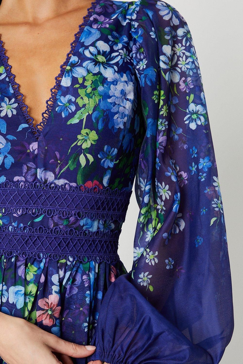Coast Organza Floral Placement Lace Trim Midaxi Dress
