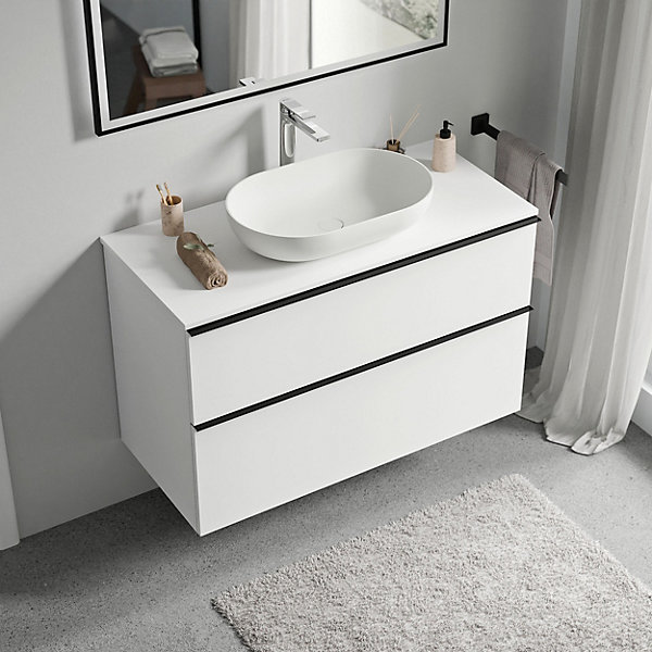 Meuble sous vasque suspendu MDF Blanc mat, plan vasque Blanc mat, poignée Noir mat - 100x46x62cm - LAVOA