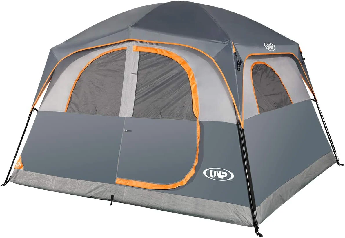 A 6-person waterproof and windproof portable family camping tent, with a double-layer structure, equipped with 1 mesh door and 5 large mesh windows - height of 10 feet �� 9 feet �� 78 inches (unit: inches)(Gray)